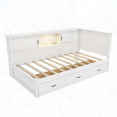 L-Shaped Bed Frame with Drawer and and Bookcase