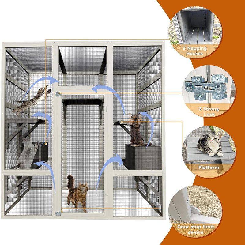 70" Large Wood Catio Outdoor Cat Enclosure, Outdoor Cat Cage with Waterproof Cover,Wooden Walk in Cat Shelter Platforms & 2 Resting Box, UV Resistant