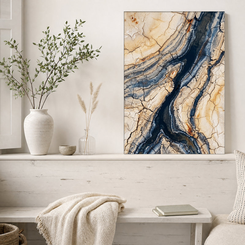 Tableau sur toile à motif craquelé organique beige et bleu foncé, H 24 po x l 16 po