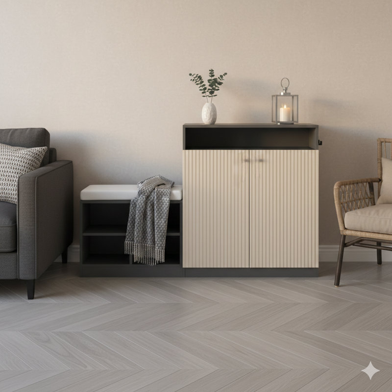 Living Room Storage Combination With Integrated Shoe Bench, Features Two Doors And Three Adjustable Interior Shelves, Entryway Seat With Four Open Shoe Racks And Removable Cushion, Console Table With Wavy Slat Doors And Hooks