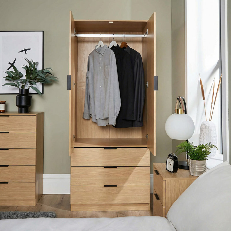 Phoenix 2 Door 3 Drawer Hanging Rail Bedroom Storage Wardrobe, Oak
