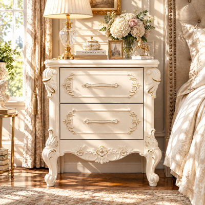 18.9" W French-Inspired 2-Drawer Nightstand with Gold Floral Accents & Cabriole Legs