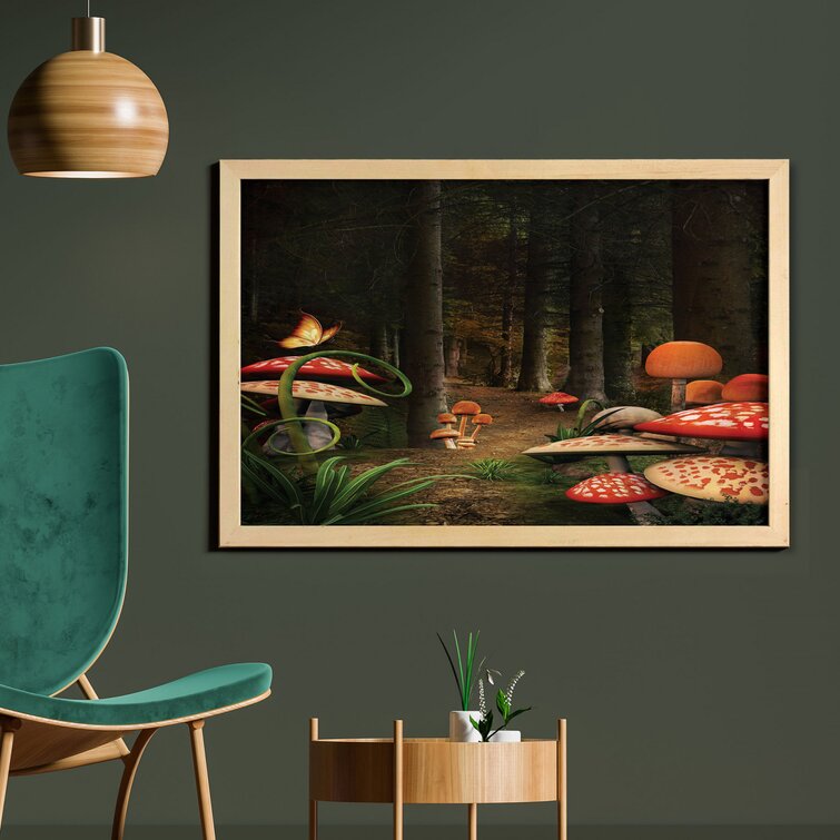 Ambesonne Mushroom Wall Art With Frame, Mushrooms In Deep Dark Forest Fantasy Nature Theme Earth Path, Printed Fabric Poster For Bathroom Living Room Dorms, 35" X 23", Green Brown And Red