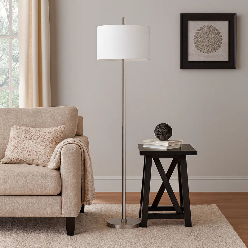 Lampe sur pied Ano, structure mince, abat-jour tambour blanc, métal chromé 67 po
