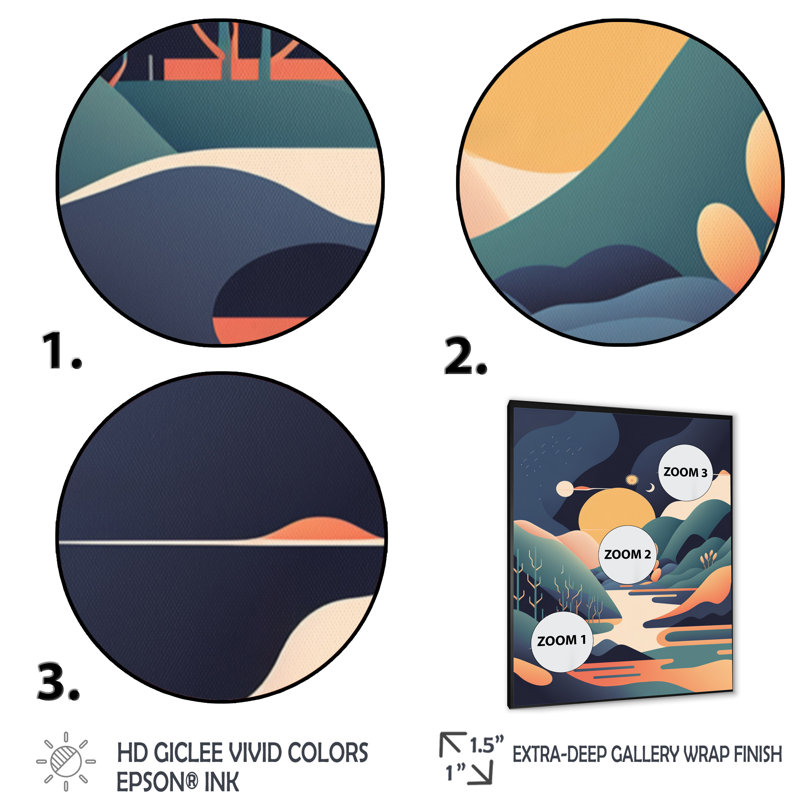 «Graphic Mountain Trees in Orange and Blue II», reproduction sur toile, Impression noire sur toile encadrée