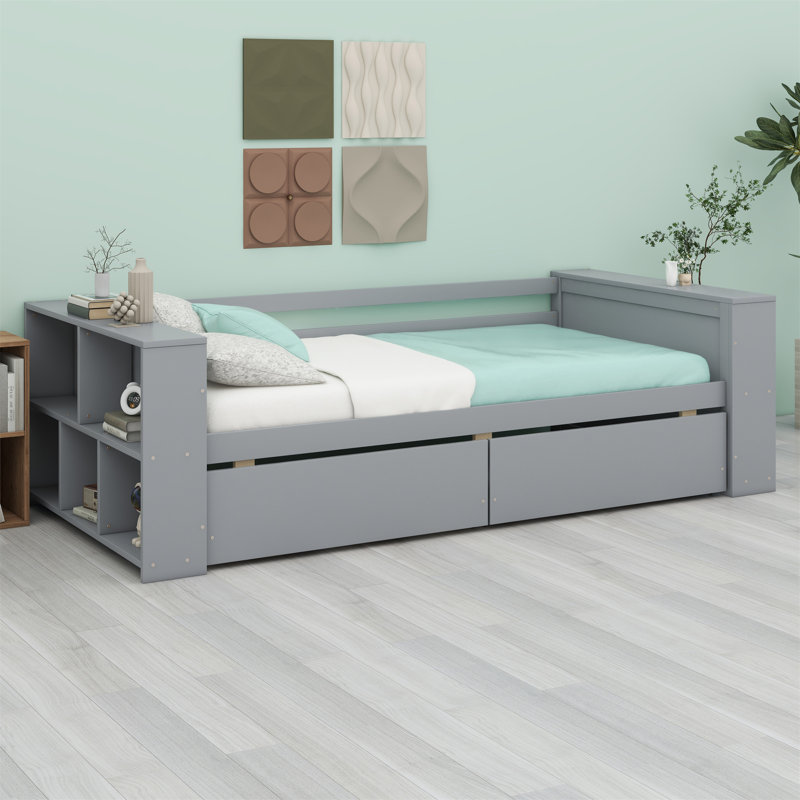 Lit de jour avec tablettes et tiroirs, Gris
