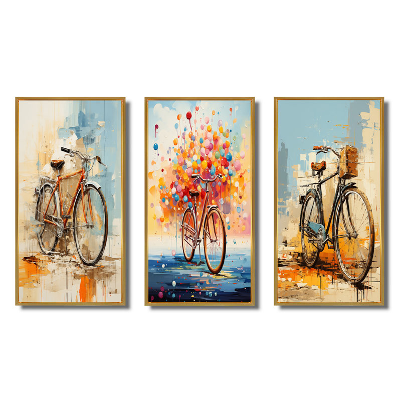 "Vélo expressif voyages" - 3 pièces sur toile, Encadrement doré, H 28 po x l 36 po
