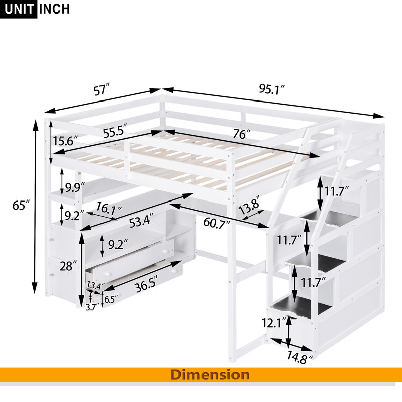 Lit mezzanine double avec bureau et tablettes, Blanc