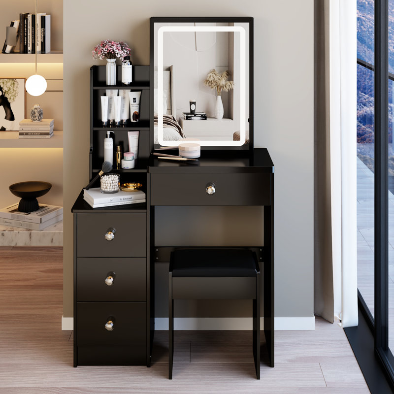 Small - Space 29.2" Left Bedside Vanity Table With Cushioned Stool, Brightness Adjustable Tri Colour Led Mirror, American Design, Black , Led,