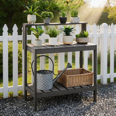 Outdoor Potting Bench, Stable Garden Table with Storage Shelves, All-Weather Patio Work Station,Moisture Resistant and Weather resistant,Gray
