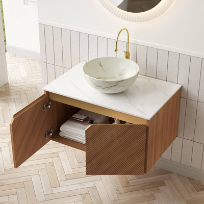 Meuble-lavabo de salle de bain 30 po, meuble de rangement flottant en contreplaqué, portes doubles en sergé avec garniture en métal, vasque en céramique à motif de pierre et plateau en pierre frittée