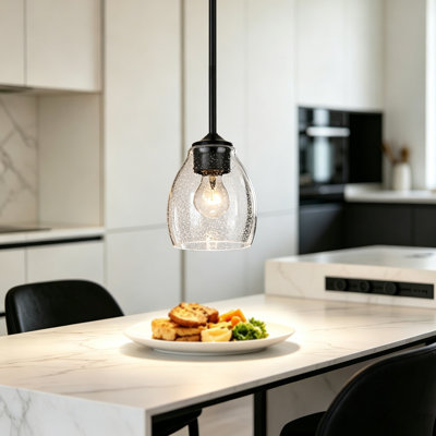 1-light Matte Black Mini Pendant With Seedy Glass Shade
