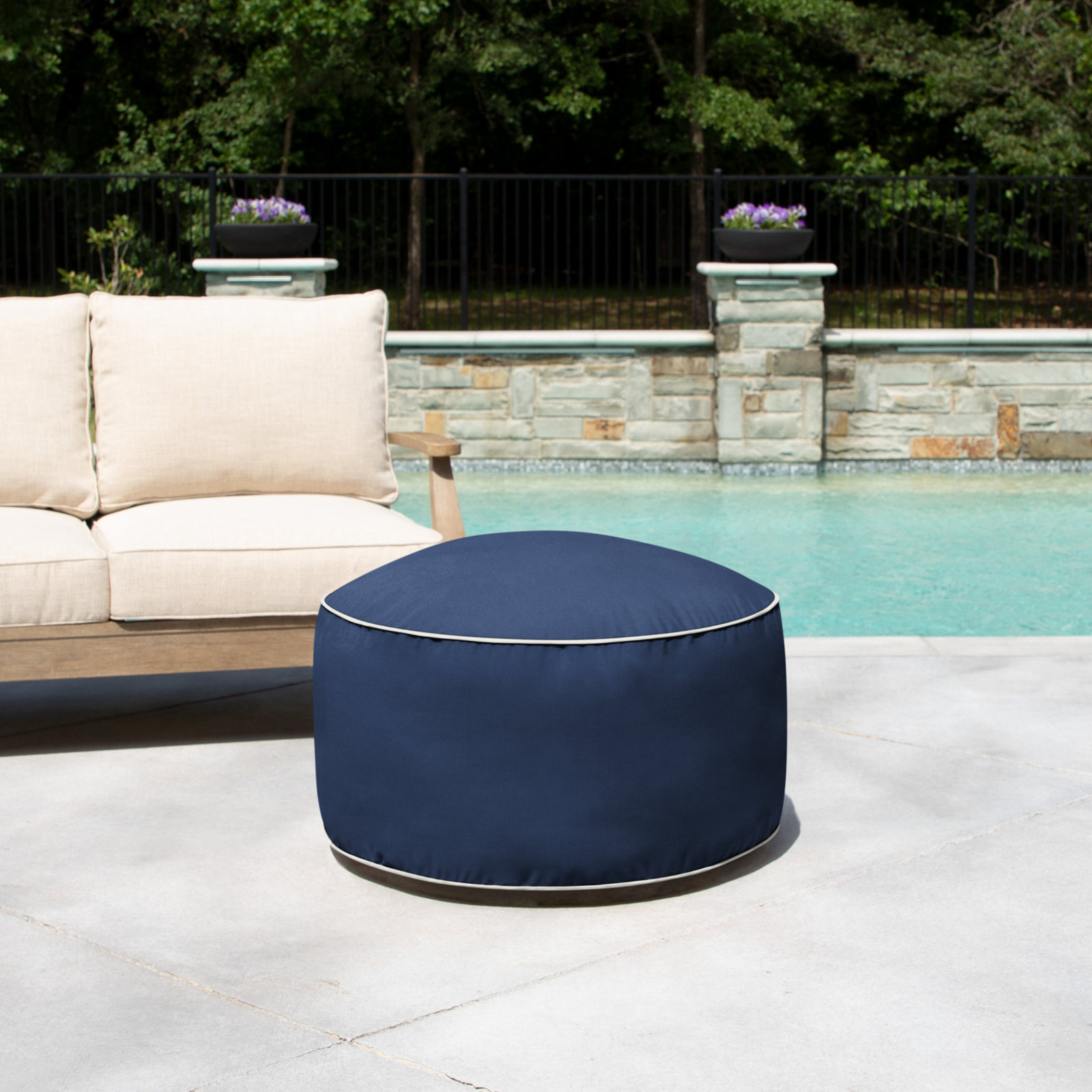 Demi Round Upholstered Outdoor Ottoman with Sunbrella® Cushion, Canvas Navy Sunbrella® Canvas