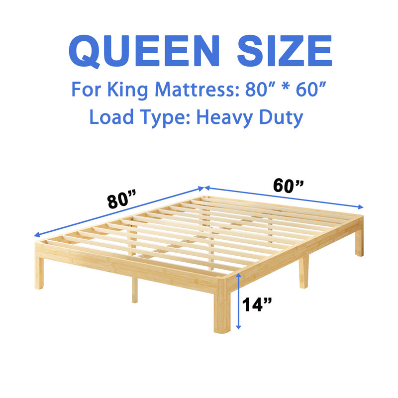 Amylia 14" Heavy Duty Platform queen bed frame, Noise-Free Silent Structure, Zero Formaldehyde Eco-Friendly Varnish, Solid Wood & Bamboo Iron, No Box Spring Required for Bedroom