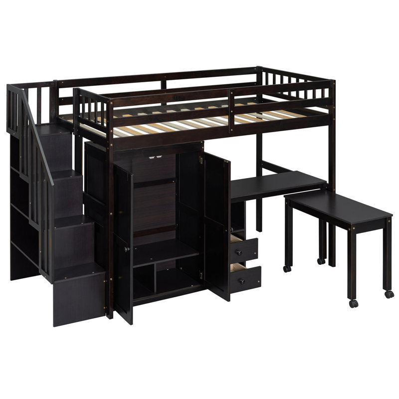 Lit mezzanine simple avec escalier, bibliothèque, tiroirs, bureau et garde-robe Construire pour et les adolescents. Pas de sommier tapissier. Garde-robe de taille compacte. Fabrication en bois massif. Idéal