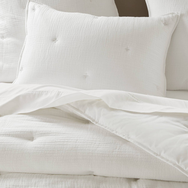 Breeze White 100% Cotton Gauze Embroidered 3-Piece Full/Queen Quilt Set, White, Full/Double Quilt + 2 Standard Shams