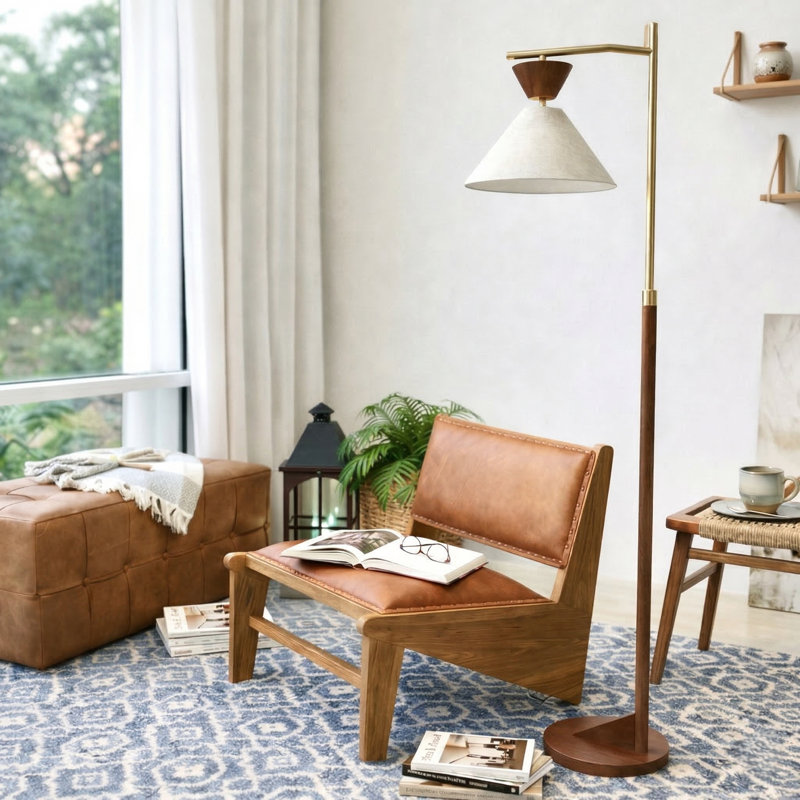 Mid-Century Modern Walnut Cantilever Floor Lamp, Brass Adjustable Swing Arm Standing Lamp with Linen Cone Shade, Task Reading Floor Lamp for Living Room Bedroom Study
