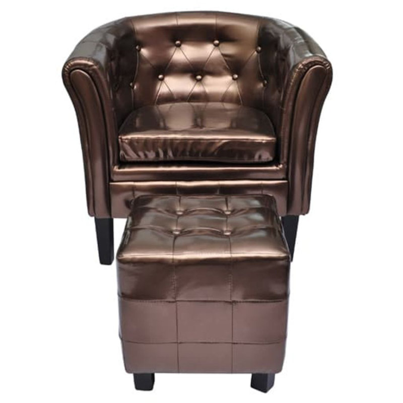 Plumlee Faux Leather Barrel Chair with Ottoman, Brown Faux Leather