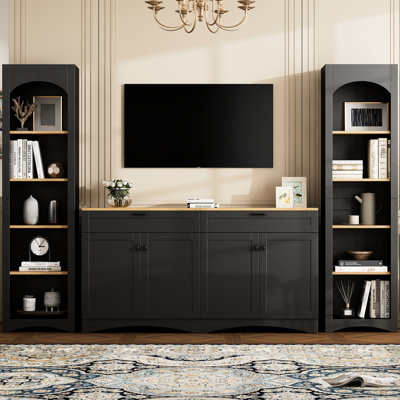 Meuble télé rustique avec meuble télé de 70 pouces, bibliothèque de style milieu du siècle, étagères réglables, buffet, fini noir, rangement pour téléviseurs et étagères, support.