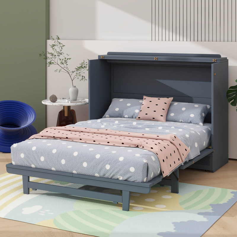 Lit escamotable avec rangement pour tiroir, ports USB intégrés et prises de courant, Lit double, Gris