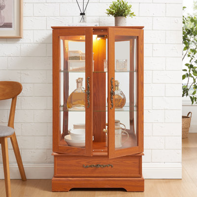 Vitrine vitrée avec vitrine éclairée et tablettes réglables en verre 2 portes et 1 tiroir avec ampoule incluse CHÊNE FONCÉ, buffet