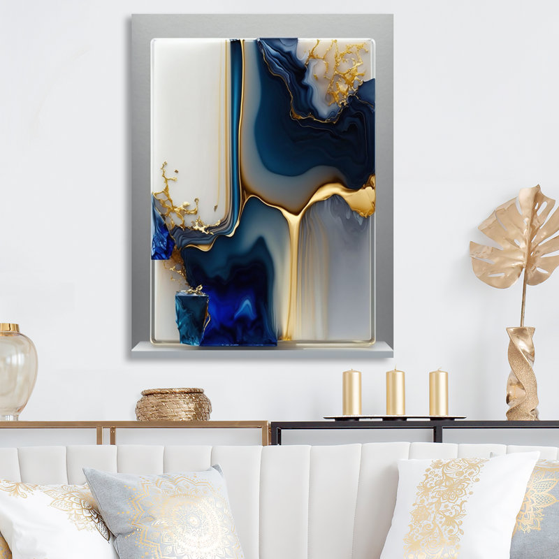 Décoration murale abstraite géométrique en forme de marbre doré et bleu I - Animaux, H 32 po x l 24 po