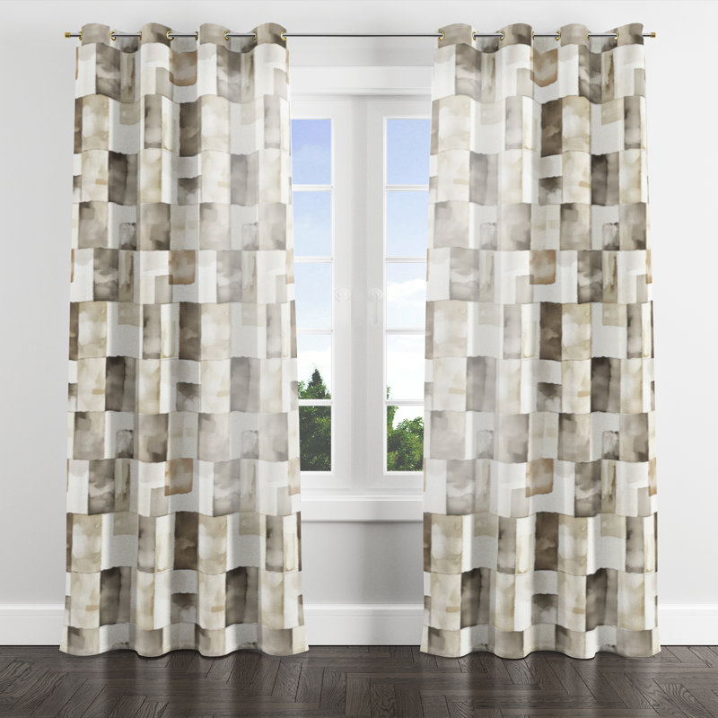 Country Farmhouse Room Darkening Curtains - Patchwork Grey And Beige Neutral Mix Quilt Grommet Curtain - 1 Panel