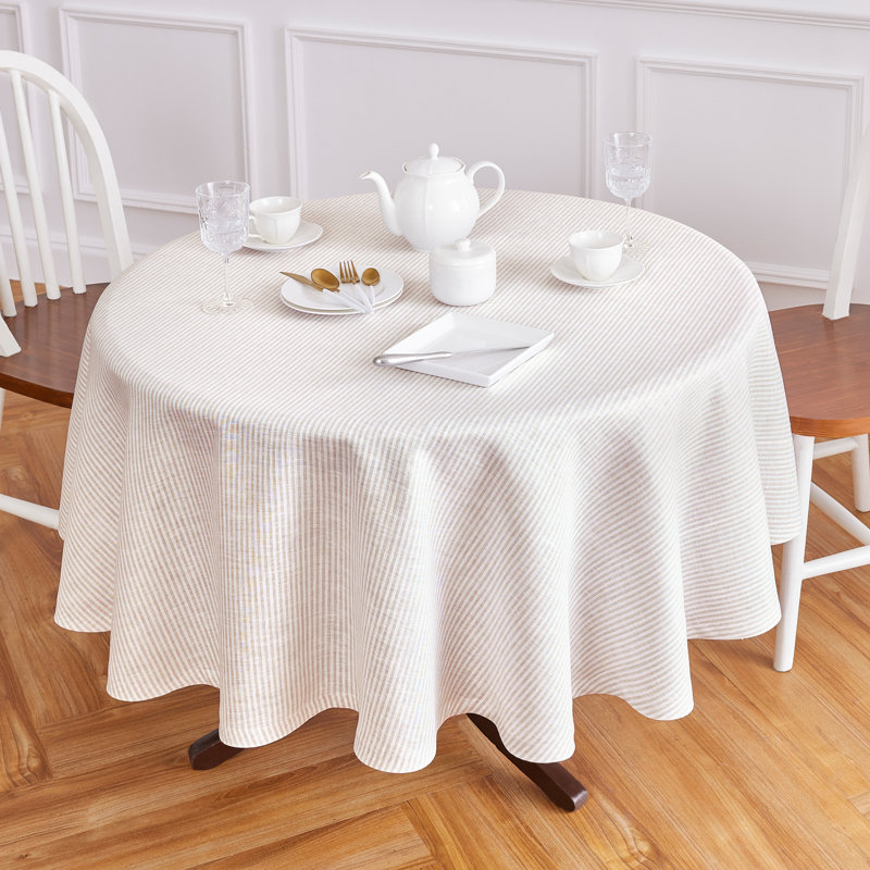 Narrow Stripe - 100% Pure Linen Tablecloth, Natural/White, 60" Round