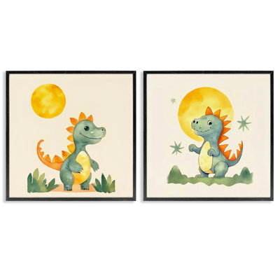  Happy Dinos & Moon 2 PC Giclee Art Set by Andrea Haase