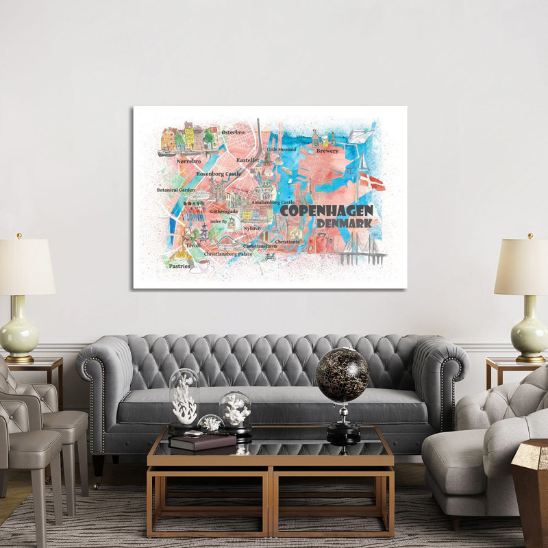 Copenhagen Denmark Illustrated Map With Main Roads Landmarks And Highlights by Markus & Martina Bleichner - Wrapped Canvas Gallery-Wrapped Canvas Giclée