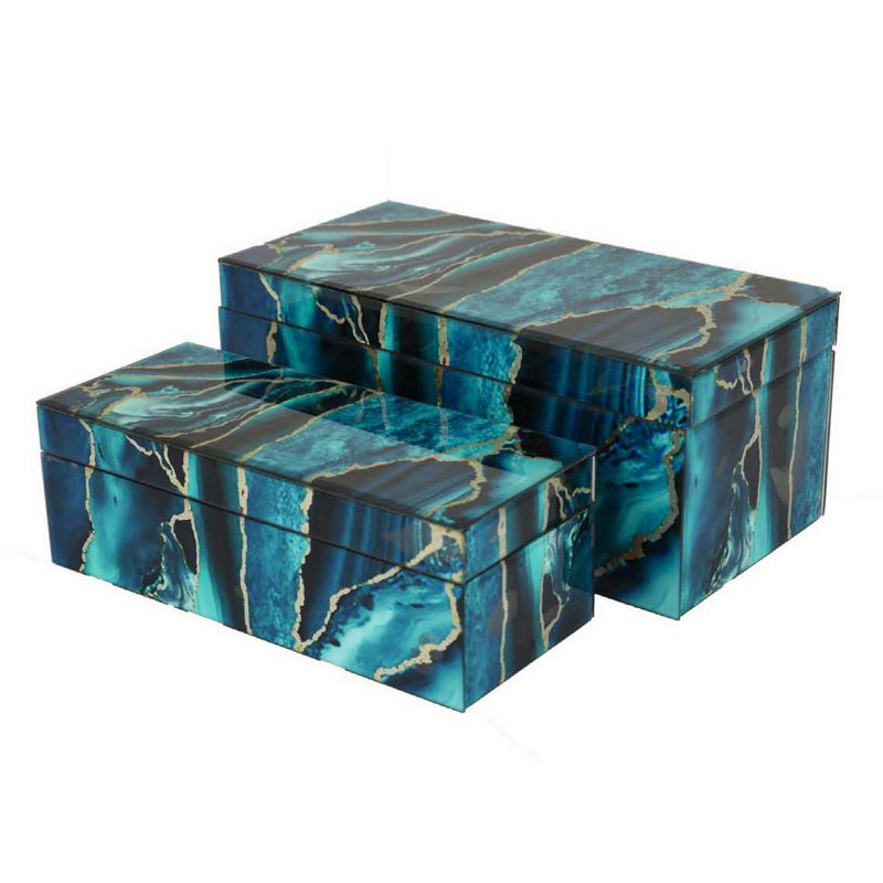 Ensemble de 2 boîtes décoratives en faux marbre Dory, Bleu, noir, doré