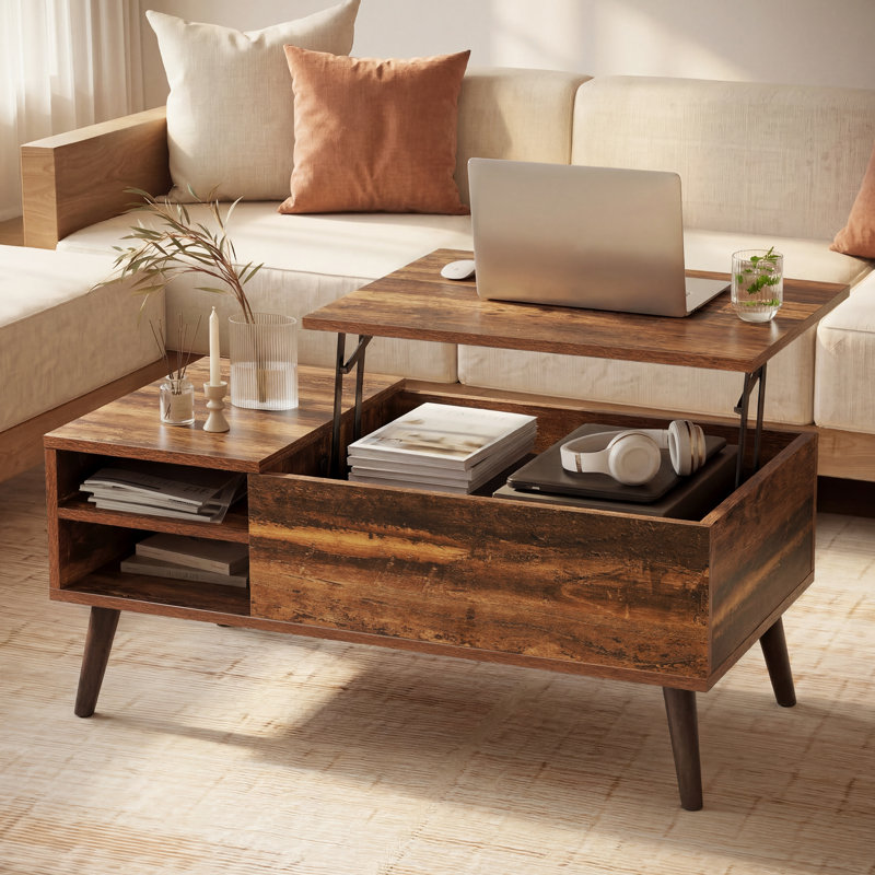 Table basse à plateau relevable avec rangement Eoghan, tables basses modernes avec tablette réglable, table basse carrée en bois de salon