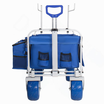Chariot de plage avec porte-chaises et roues tout-terrain de 9 po, chariot pliable robuste pliable de 500 lb, poignée réglable, glacière et sacs de rangement pour la plage, le camping, le jardin et les sports de plein air