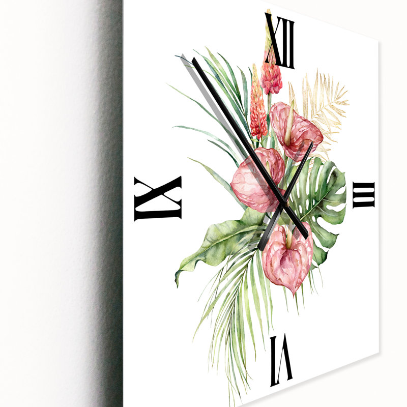 Horloge murale Tropical Bouquet avec Anthurium lupin et feuilles I, Grand