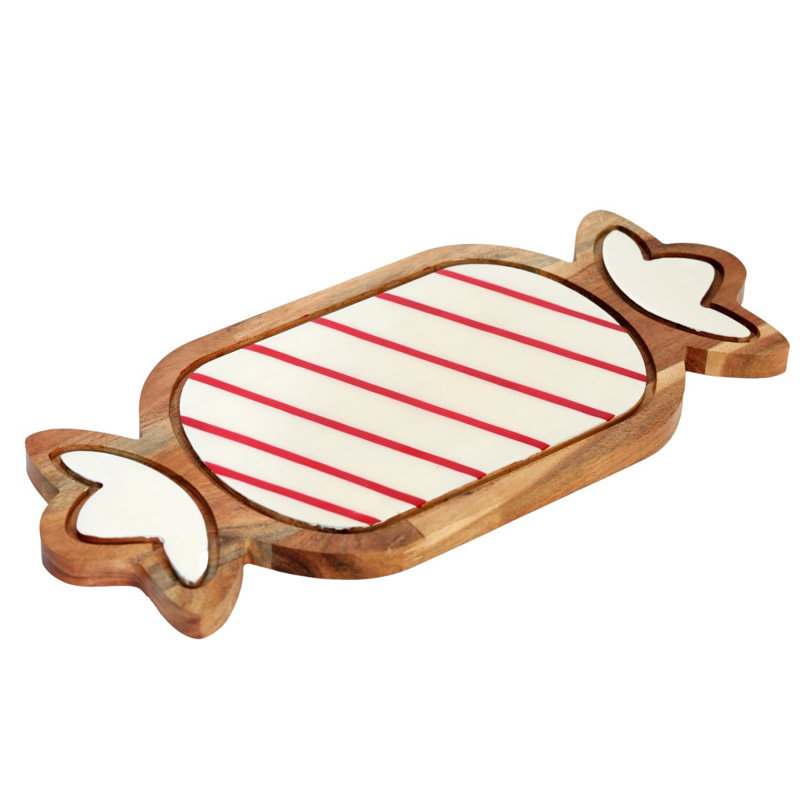 Plateau à bonbons blanc en bois et résine, 15" L x 6.5" W x 1" H, White, Red, Natural