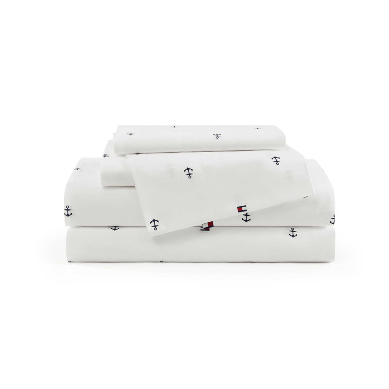 Tommy Hilfiger Printed Percale Cotton Sheet Set, King Sheet Set with 2 Pillowcases, White Abstract