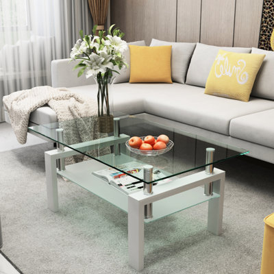 Table basse pour le salon, rangement en verre transparent à double couche, capacité de poids de 220 lb, style simple, assemblage moderne facile avec verre, tablette inférieure givrée double épaisseur de 5 mm, 49,06 lb