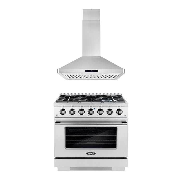 Cosmo 3 Piece Kitchen Appliance Package with 36'' Gas Freestanding Range , and Island Range Hood