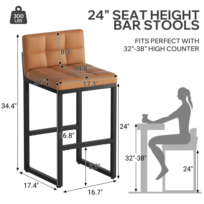 Sturdy Modern Low-Back Counter Height Bar Stools with Metal Frame and Faux Leather Upholstery, Camel