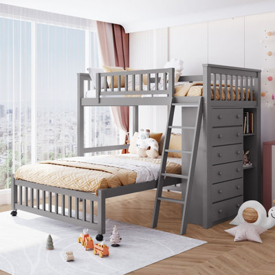 Lit superposé en bois avec six tiroirs et tablettes flexibles, lit inférieur avec roulettes