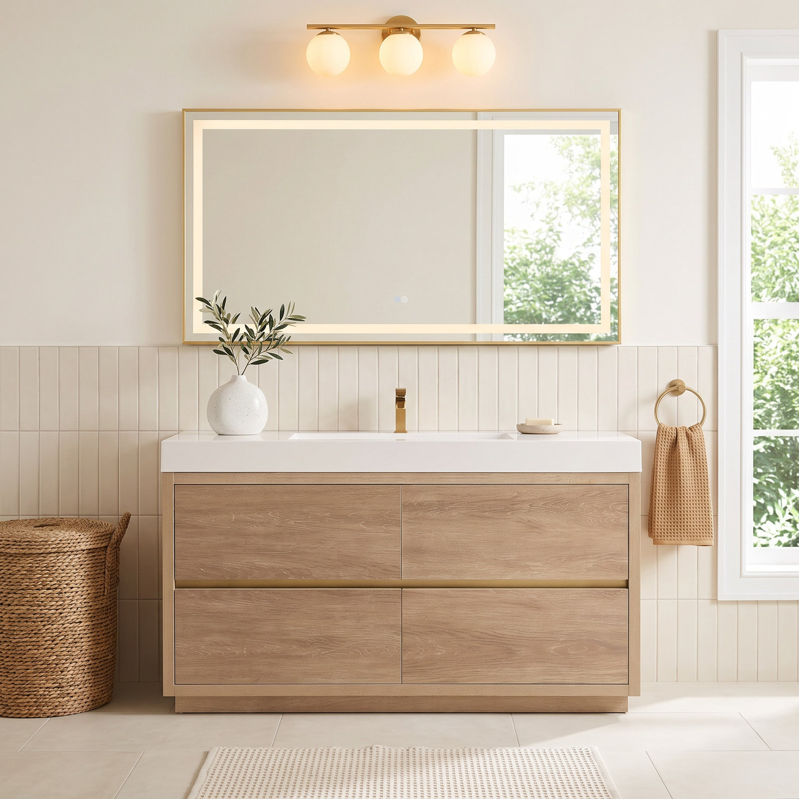 Beira 59.8'' Single Bathroom Vanity, North American Oak, White