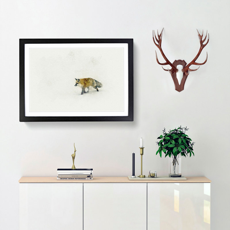 A Red Fox Alone in the Winter in Abstract - Picture Frame Graphic Art Print, 27cm H x 36cm W x 2cm D, Black Framed