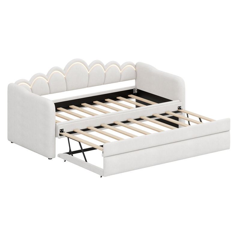 Modern Upholstered Daybed with Integrated LED Lighting and Convertible Trundle, White