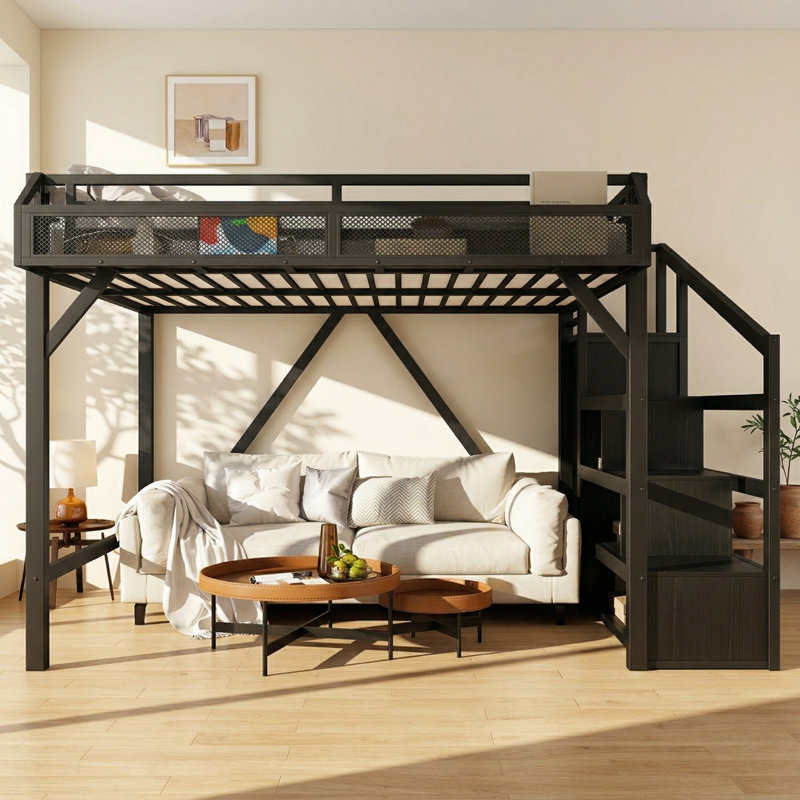 Lit mezzanine double avec armoire intégrée et escalier de rangement Bonwell l 56,7 po x P 90,9 po x H 63,4 po