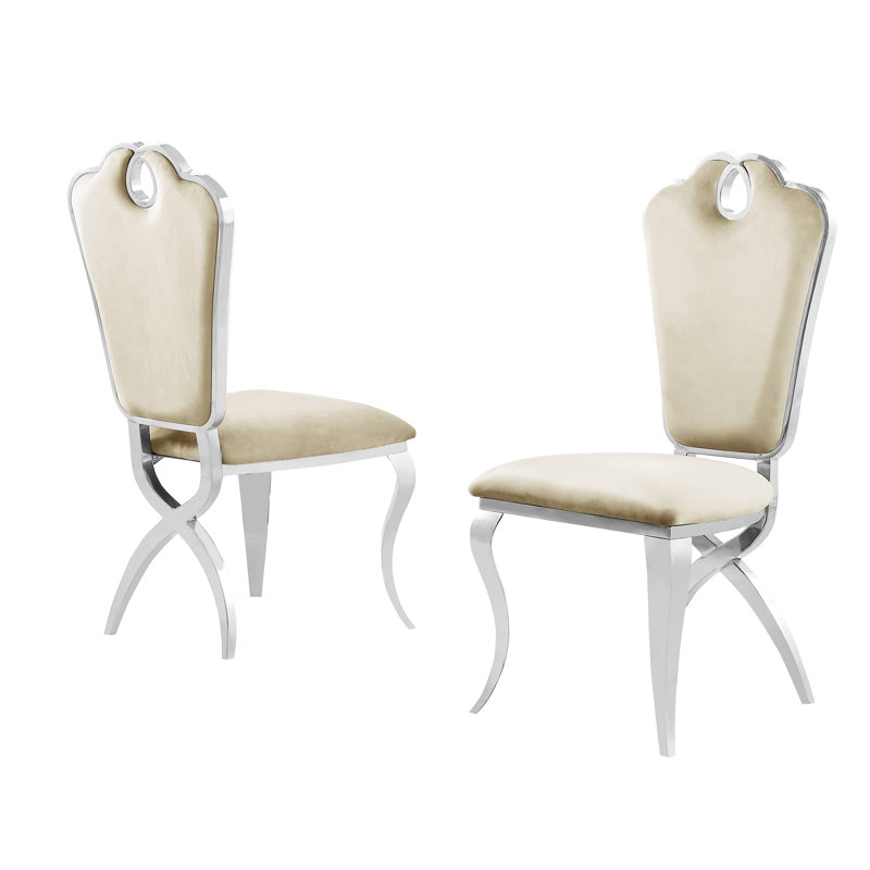 Kimisha 20'' H Velvet Upholstered Metal Side Chair, Silver, Cream