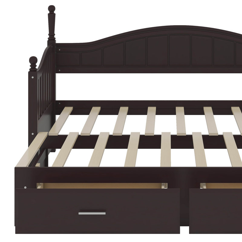 Cladia Wooden Twin Size Daybed With Twin Size Trundle, Extendable Daybed With Two Storage Drawers, Espresso