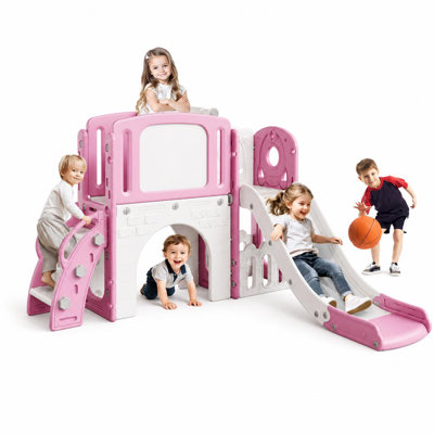 Ensemble de jeu 8-en-1 pour tout-petits avec grimpeur, tunnel, panier de basketball et aire de jeu intérieure pour tout-petits 1-3, rose