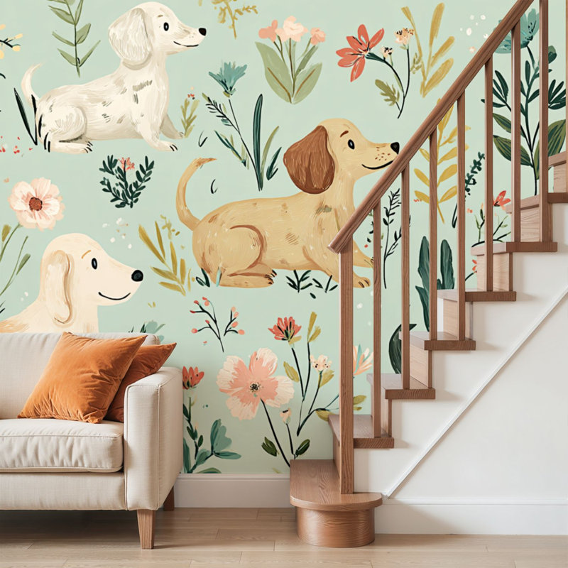 Papier peint adhésif à peler et coller sans soudure avec motif de chiot teckel à motif floral vert brun et chambre de bébé autocollant amovible en papier contact mural pour salon Chambre à coucher H 100 po x l 144 po