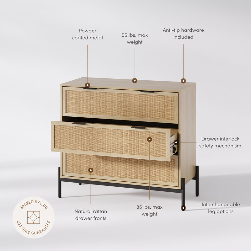 3-Drawer Wood Rattan Dresser with Metal Legs, Oak/Black