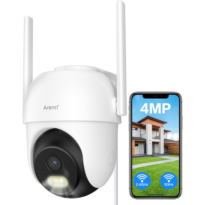 ARENTI Outdoor Security Camera, 4MP Home Surveillance WiFi Camera, Plug-in, Pan/Tilt, 2.4G/5GHz Dual Bands, Color Night Vision, Sound/Light Alarm, AI Human Filtering